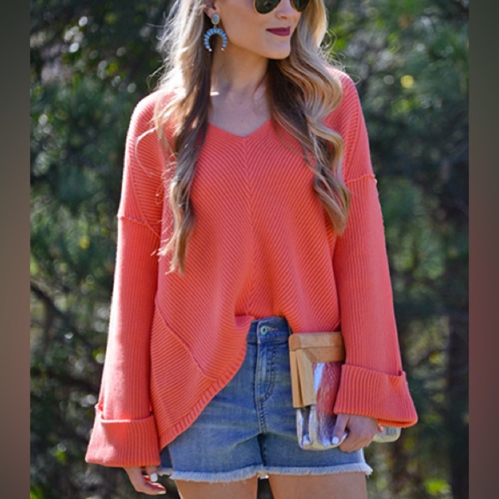 Free People La Brea Orange Oversized Knit Cotton Sweater